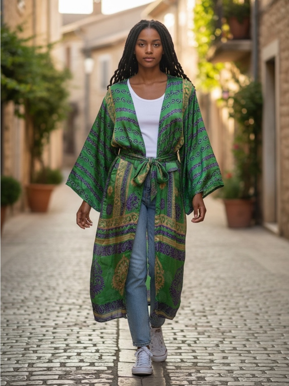 Kantha Bae Patterned Kimono Tie Front